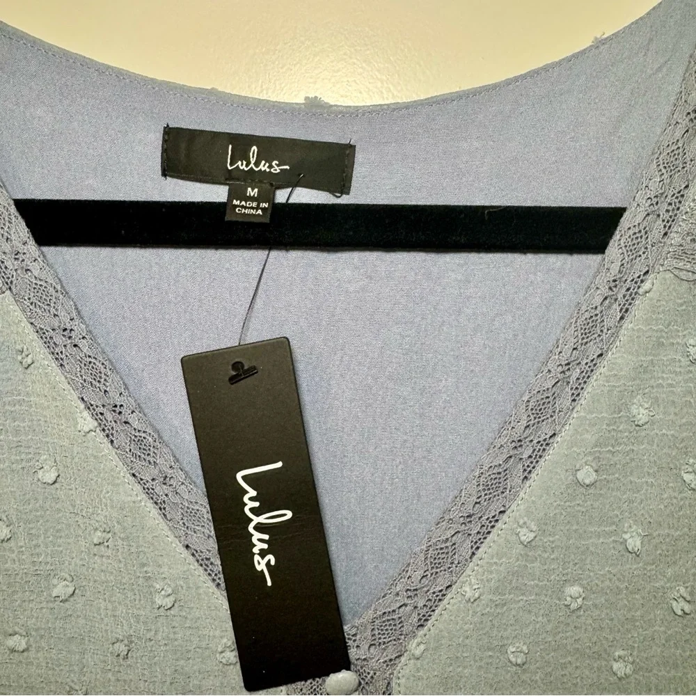 NWT Lulus Dusty Blue Swiss Dot Sheer Long Sleeve Pleated Mini Dress, Sz M